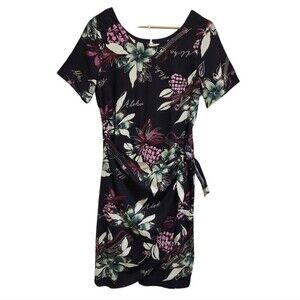Vtg Hilo Hattie Hawaiian Faux Wrap Dress Size M Black Purple Short Slv USA Aloha